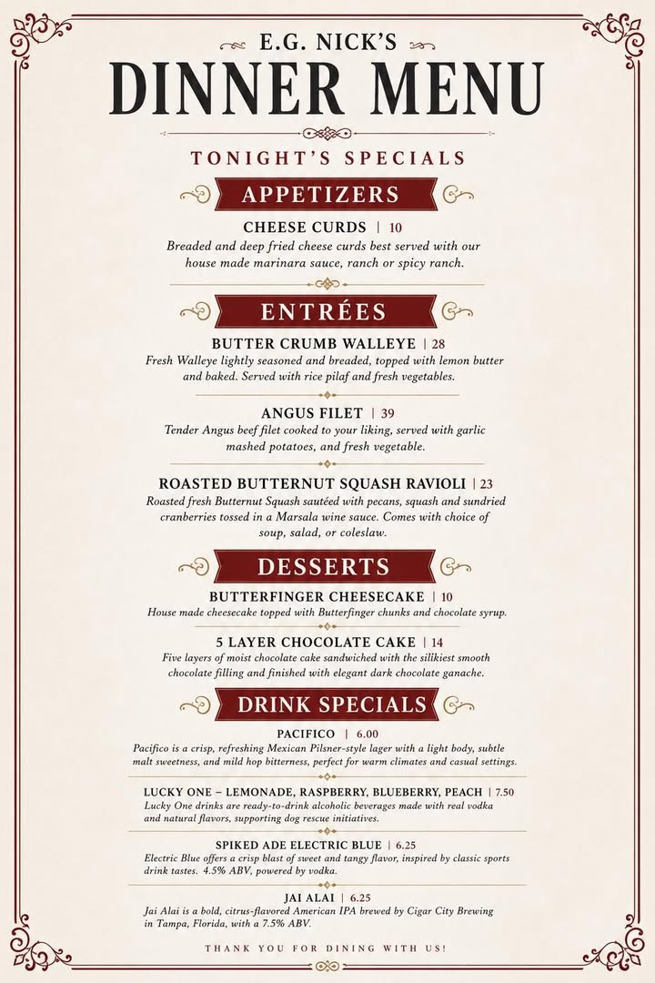 ✨ Tonight’s Dinner Specials at E.G.