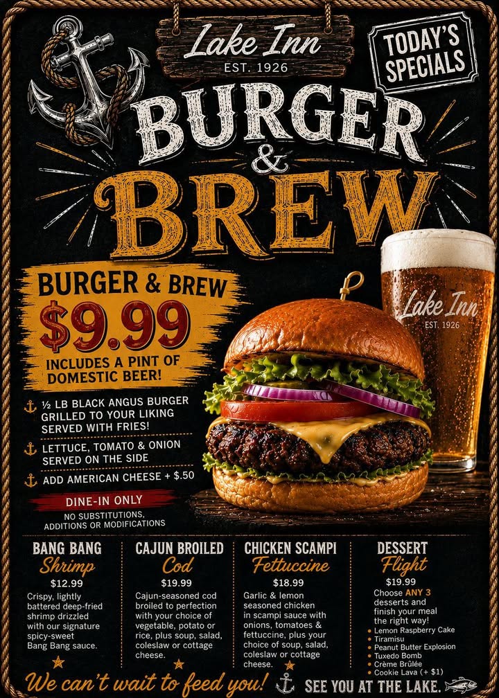 🍔🍺 BURGER & BREW MONDAY AT THE LAKE!