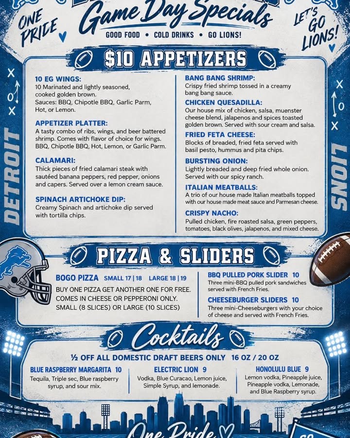 🦁🏈 LIONS GAME DAY! 🏈🦁 Come cheer on Detroit with us at E.G.