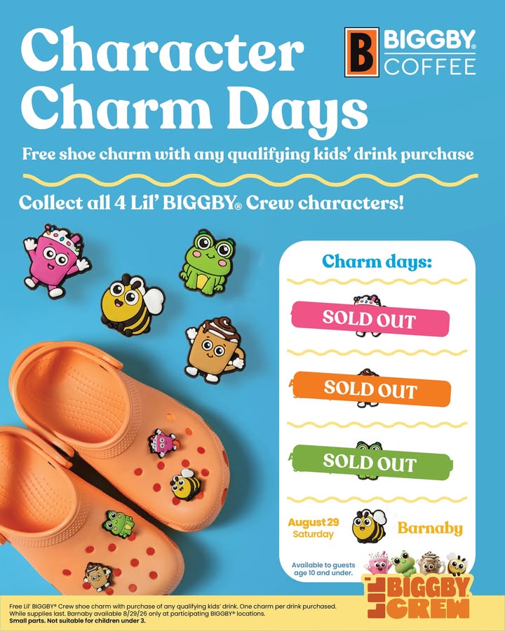Free Lil’ BIGGBY® Crew shoe charm with purchase of any qualifying kids’ drink.